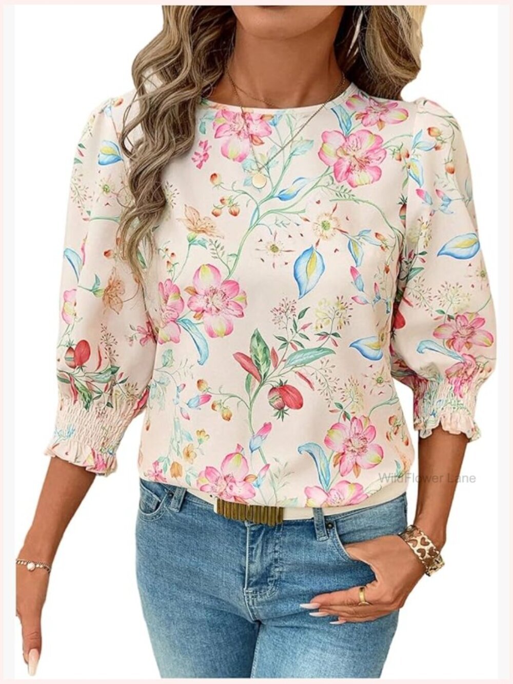 3/4 Sleeve Floral Blouse Keyhole Back Dressy Business Casual Work Top